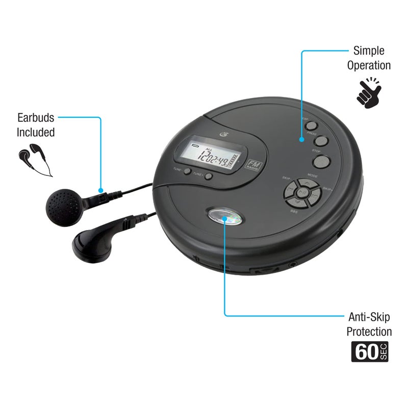 GPX PC332B Portable CD Player with Anti-Skip Protection, FM Radio and Stereo Earbuds - Black - Image 2